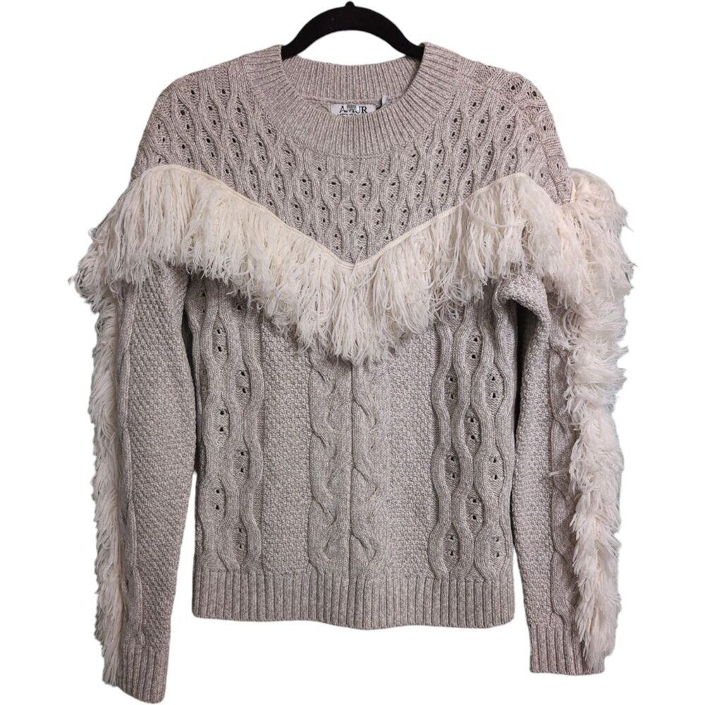 AMUR Ulla Sweater Oatmeal Fringe Cable Knit Crew Neck Long Sleeve Merino Wool M